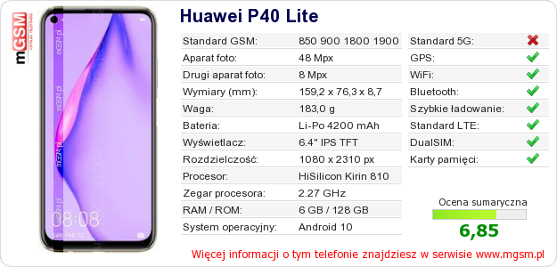 Dane telefonu Huawei P40 Lite