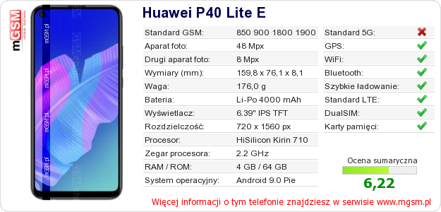 Dane telefonu Huawei P40 Lite E