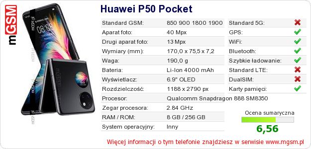Dane telefonu Huawei P50 Pocket