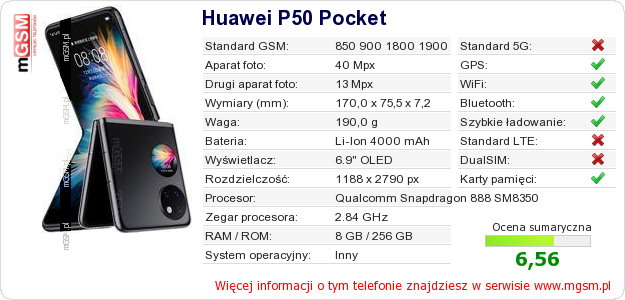 Dane telefonu Huawei P50 Pocket