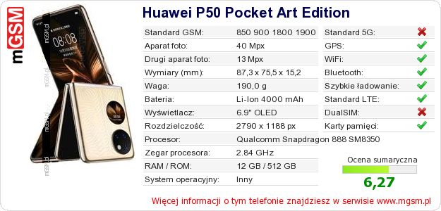 Dane telefonu Huawei P50 Pocket Art Edition