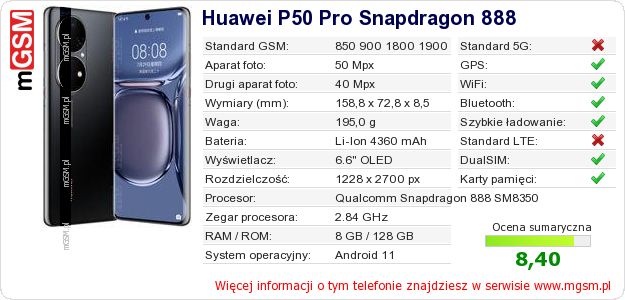 Dane telefonu Huawei P50 Pro Snapdragon 888 Dane telefonu Huawei P50 Pro Snapdragon 888
