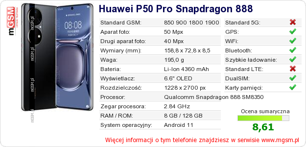 Dane telefonu Huawei P50 Pro Snapdragon 888