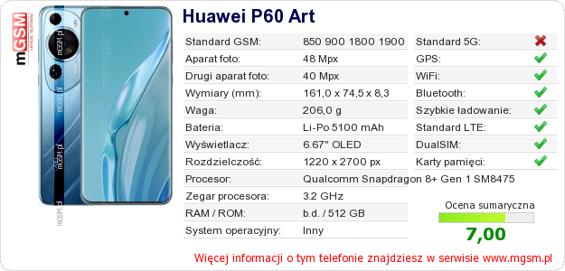 Dane telefonu Huawei P60 Art