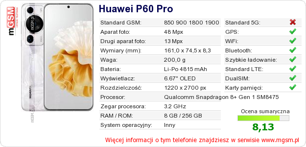 Dane telefonu Huawei P60 Pro