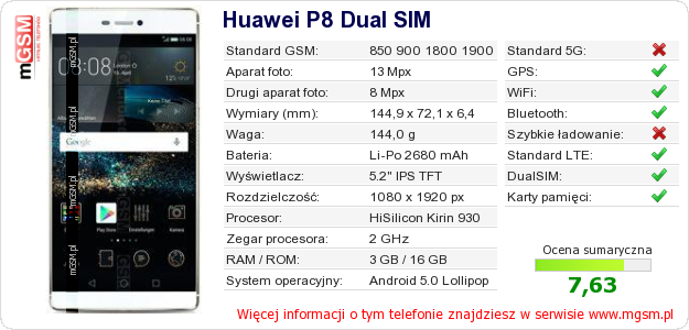 Dane telefonu Huawei P8 Dual SIM Dane telefonu Huawei P8 Dual SIM