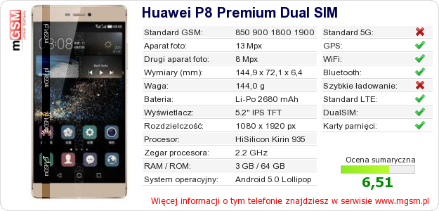 Dane telefonu Huawei P8 Premium Dual SIM