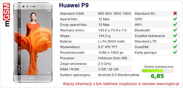Dane telefonu Huawei P9 Dane telefonu Huawei P9