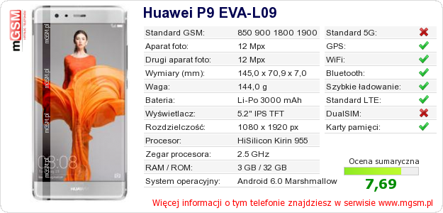 Dane telefonu Huawei P9 EVA-L09