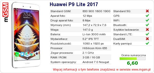 Dane telefonu Huawei P9 Lite 2017