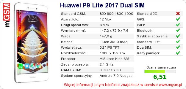 Dane telefonu Huawei P9 Lite 2017 Dual SIM