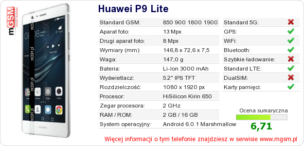 Dane telefonu Huawei P9 Lite