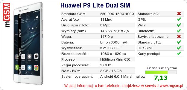 Dane telefonu Huawei P9 Lite Dual SIM