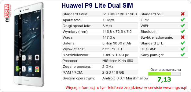 Dane telefonu Huawei P9 Lite Dual SIM