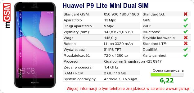 Dane telefonu Huawei P9 Lite Mini Dual SIM Dane telefonu Huawei P9 Lite Mini Dual SIM