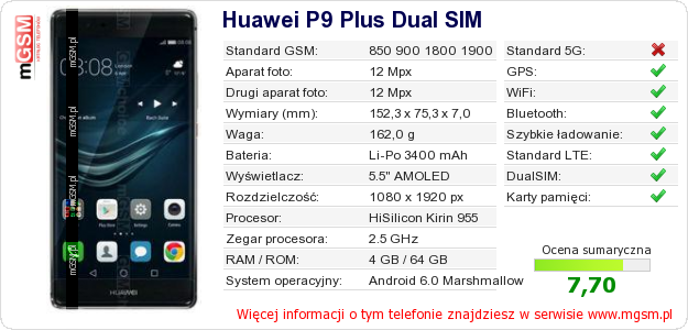 Dane telefonu Huawei P9 Plus Dual SIM Dane telefonu Huawei P9 Plus Dual SIM