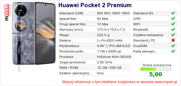 Dane telefonu Huawei Pocket 2 Premium
