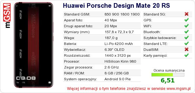 Dane telefonu Huawei Porsche Design Mate 20 RS