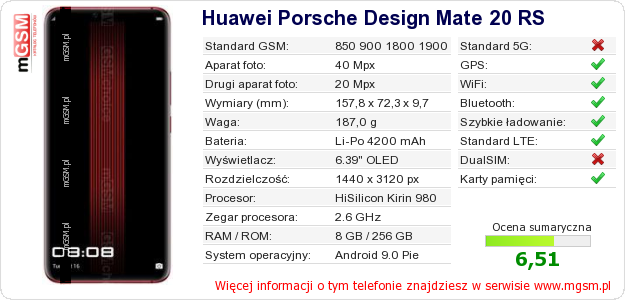 Dane telefonu Huawei Porsche Design Mate 20 RS