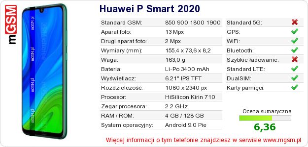Dane telefonu Huawei P Smart 2020