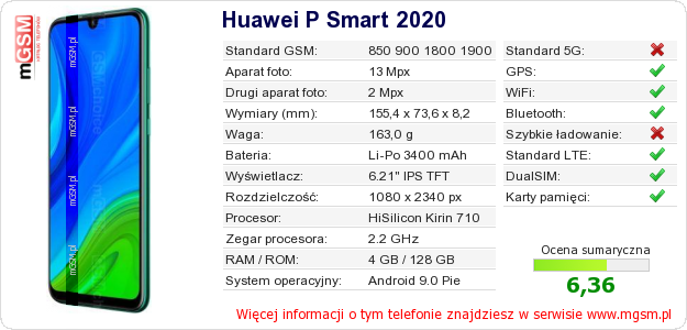 Dane telefonu Huawei P Smart 2020 Dane telefonu Huawei P Smart 2020