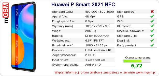 Dane telefonu Huawei P Smart 2021 NFC