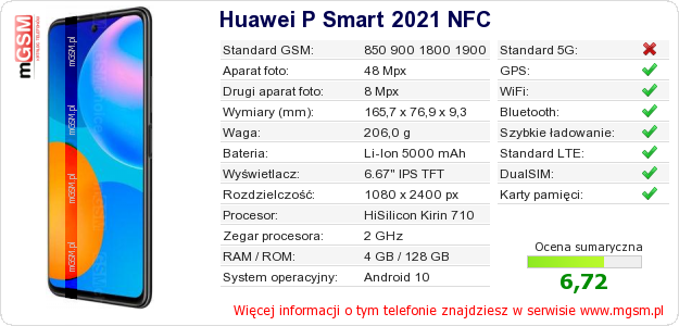 Dane telefonu Huawei P Smart 2021 NFC