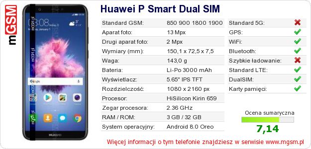Dane telefonu Huawei P Smart Dual SIM Dane telefonu Huawei P Smart Dual SIM