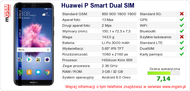 Dane telefonu Huawei P Smart Dual SIM