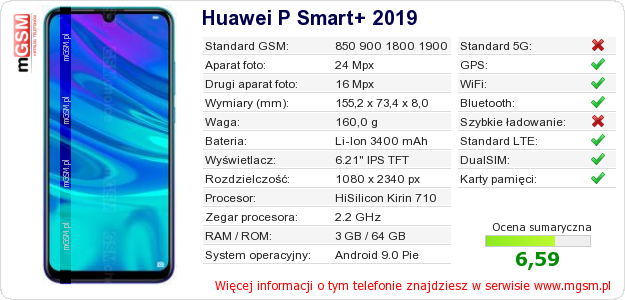 Dane telefonu Huawei P Smart+ 2019