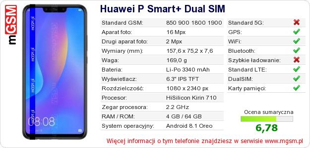 Dane telefonu Huawei P Smart+ Dual SIM Dane telefonu Huawei P Smart+ Dual SIM