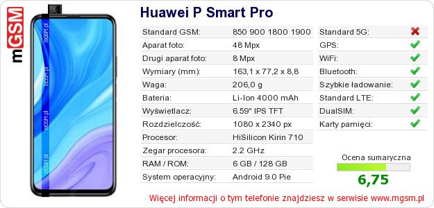 Dane telefonu Huawei P Smart Pro Dane telefonu Huawei P Smart Pro