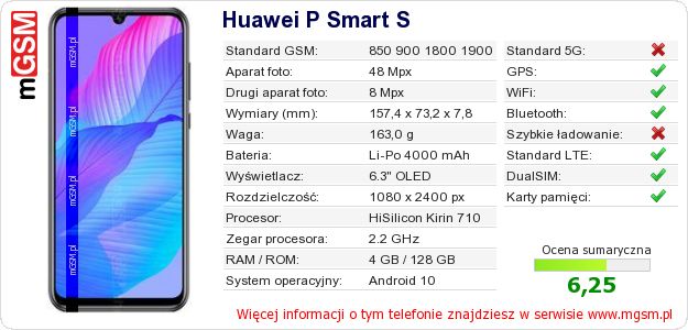 Dane telefonu Huawei P Smart S Dane telefonu Huawei P Smart S