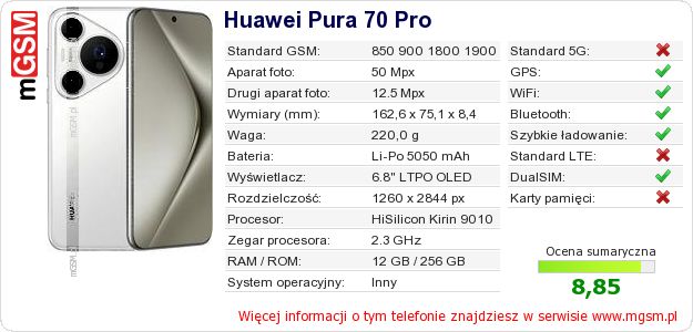 Dane telefonu Huawei Pura 70 Pro