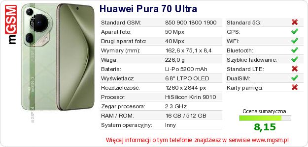 Dane telefonu Huawei Pura 70 Ultra