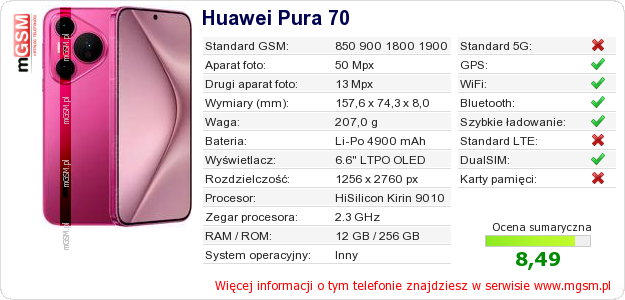 Dane telefonu Huawei Pura 70