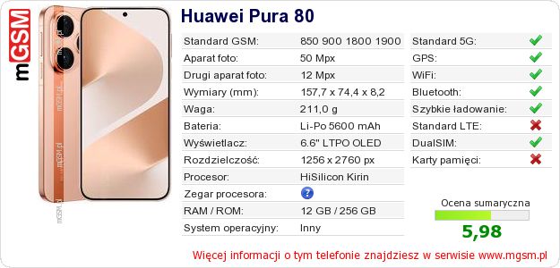 Dane telefonu Huawei Pura 80