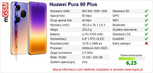 Dane telefonu Huawei Pura 90 Plus