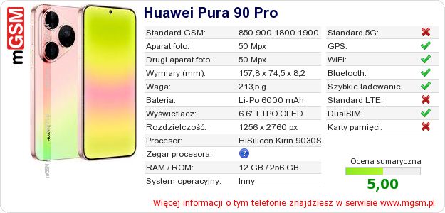 Dane telefonu Huawei Pura 90 Pro Dane telefonu Huawei Pura 90 Pro