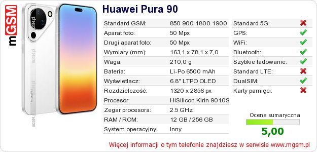 Dane telefonu Huawei Pura 90 Dane telefonu Huawei Pura 90