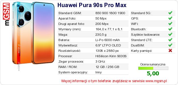 Dane telefonu Huawei Pura 90s Pro Max Dane telefonu Huawei Pura 90s Pro Max