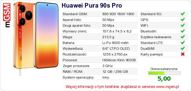 Dane telefonu Huawei Pura 90s Pro Dane telefonu Huawei Pura 90s Pro