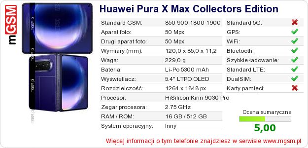 Dane telefonu Huawei Pura X Max Collectors Edition Dane telefonu Huawei Pura X Max Collectors Edition
