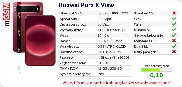 Dane telefonu Huawei Pura X View Dane telefonu Huawei Pura X View