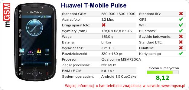 Dane telefonu Huawei T-Mobile Pulse