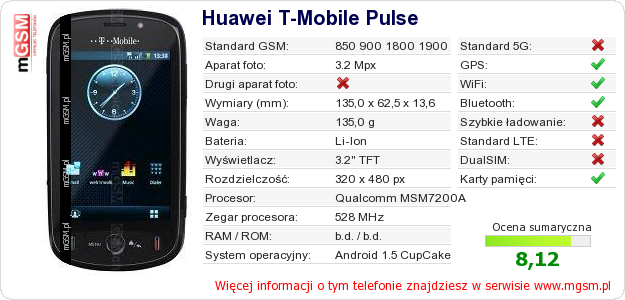 Dane telefonu Huawei T-Mobile Pulse