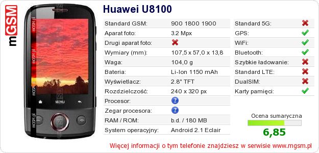 Dane telefonu Huawei U8100 Dane telefonu Huawei U8100