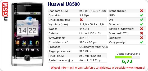 Dane telefonu Huawei U8500 Dane telefonu Huawei U8500