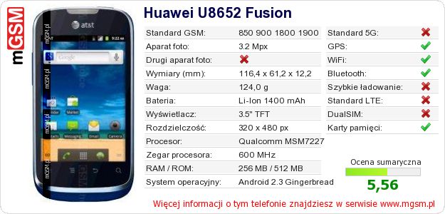Dane telefonu Huawei U8652 Fusion Dane telefonu Huawei U8652 Fusion