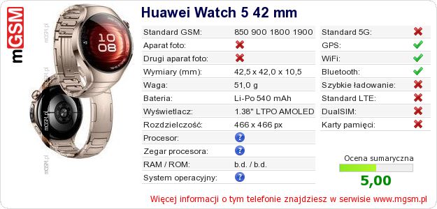 Dane telefonu Huawei Watch 5 42 mm